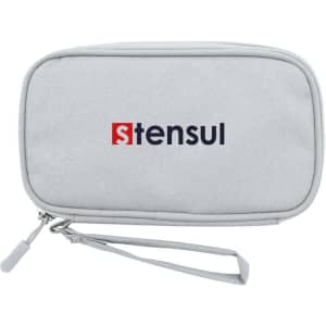 A grey carrying case with a logo, featuring a zip closure and a wrist strap.
