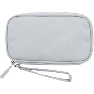 A grey carrying case with a zip closure and a wrist strap, featuring a logo.