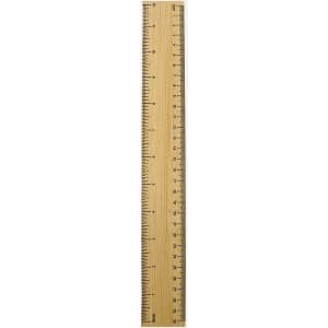A bamboo ruler in a natural finish, featuring metric and imperial measurements, with a branding logo.
