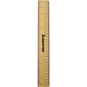 A bamboo ruler featuring metric and imperial measurements. It has a branding logo and a natural wood finish.