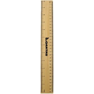 A bamboo ruler with black markings, featuring a logo, measuring 30 centimetres in length.