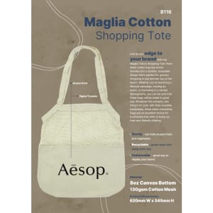 A cotton shopping tote in beige with sturdy handles and an eco-friendly design, featuring a logo. Dimensions provided.
