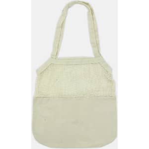 A light-coloured cotton shopping tote with a mesh top and sturdy handles, featuring a logo.