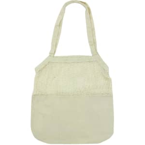 A light beige cotton shopping tote with a mesh upper section and solid lower compartment, featuring shoulder straps.