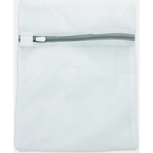 A white mesh laundry bag with a zip closure and a simple design, featuring a logo on the front.