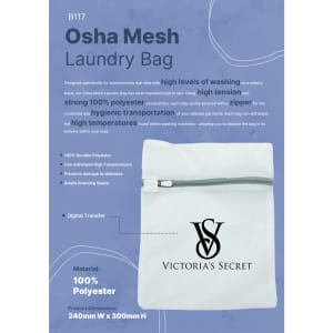 A laundry bag in white mesh with a zip closure, featuring a logo and made of durable polyester.