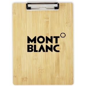 A bamboo clipboard with a metal clip, featuring a black logo prominently on the surface.