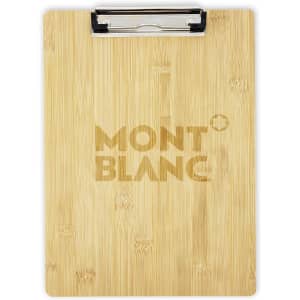 A bamboo clipboard featuring a silver clip and a logo on its surface, showcasing natural wood tones.