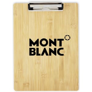 A bamboo clipboard featuring a silver clip and a logo at the centre. The clipboard has a natural wood texture.