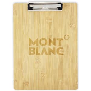A bamboo clipboard featuring a metal clip and a logo, showcasing a natural wooden finish.
