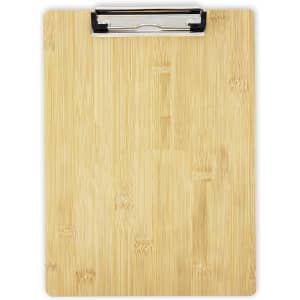 A bamboo clipboard with a silver clip, featuring a natural wood finish and a smooth surface.