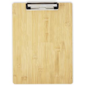 A bamboo clipboard with a metal clip, featuring a natural wood grain finish. It has a simple design and a logo.