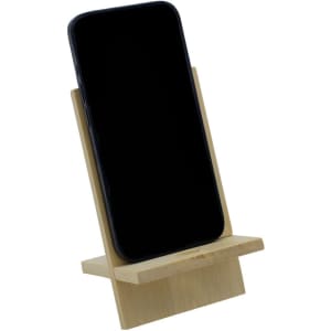 A bamboo phone stand displaying a smartphone in a vertical position, featuring a simple and minimalistic design.