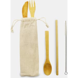 A bamboo cutlery set featuring a knife, fork, spoon, straw, and cleaning brush, packaged in a natural cloth bag.