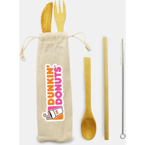 A bamboo cutlery set with a fork, knife, spoon, cleaning straw, and a natural fabric pouch. Features a logo.