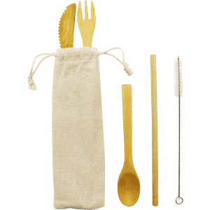 A bamboo cutlery set including a knife, fork, spoon, straw, and a cleaning brush, all stored in a beige pouch.