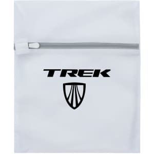 A white laundry bag with a zip, featuring a logo on the front.