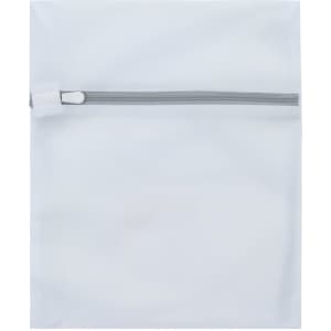 A white laundry bag with a grey zipper, featuring a branding logo on the front.