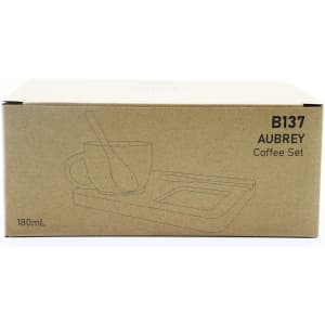 A coffee/tea set featuring a cup, spoon, and tray, packaged in a simple brown box.