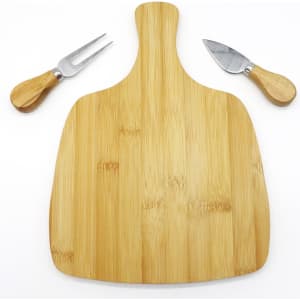 A bamboo cheeseboard with two wooden-handled cheese knives. The set includes a knife and a fork.