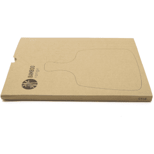 A bamboo cheeseboard and knife set in eco-friendly packaging featuring a simple design and branding.