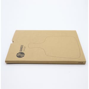 A bamboo cheeseboard set with a knife, packaged in a brown cardboard box featuring a logo.