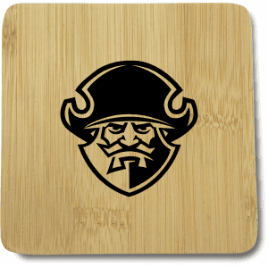 A square bamboo coaster featuring a black pirate emblem on a light bamboo background.