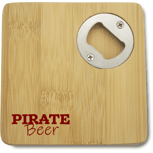 A square bamboo coaster featuring a bottle opener, with a dark red logo design.