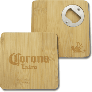 A square bamboo coaster featuring a bottle opener and a logo, with a natural wood finish.