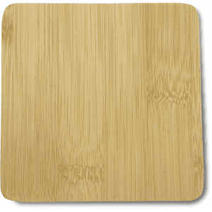 A square bamboo coaster in light brown, featuring a smooth, natural wood grain texture.