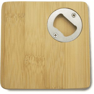 A square bamboo coaster featuring a circular bottle opener, showcasing natural wood texture.