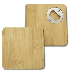 A square bamboo coaster featuring a built-in bottle opener, showcasing a natural bamboo finish.