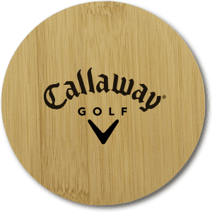 A round bamboo coaster featuring a branded logo in black against a natural bamboo background.