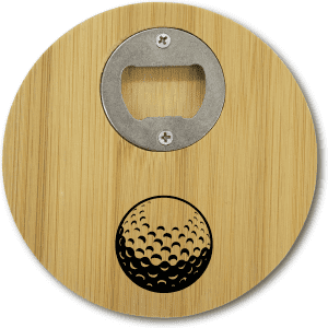 A round bamboo coaster with a silver bottle opener and a golf ball design in black.