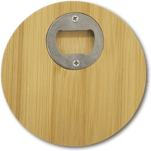 A round bamboo coaster featuring a metal bottle opener in the centre. The natural bamboo colour is prominent.