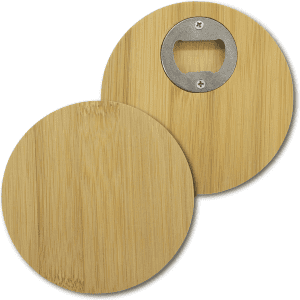 A round bamboo coaster featuring a smooth surface and a bottle opener on the underside.