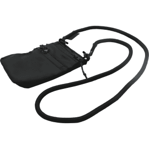 A black ripstop water-resistant pouch with a detachable strap for carrying, featuring zippers and a logo.