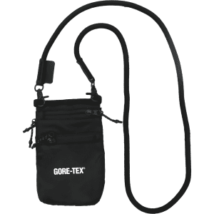 A black ripstop water-resistant pouch with an adjustable strap and zippers, featuring a logo.