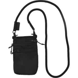 A black ripstop water-resistant pouch with a long adjustable strap and multiple zipped compartments. It features a logo.