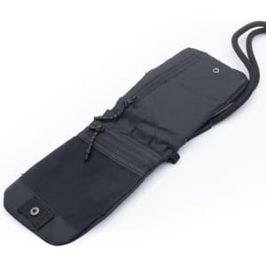 A black ripstop water-resistant pouch with a zippered compartment and a cord for carrying. It features a logo.