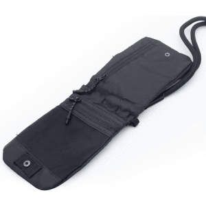 A black ripstop water-resistant pouch with zippers and a strap, featuring a logo.