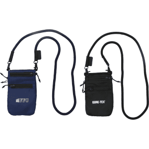Two water-resistant pouches in blue and black, each with a logo and adjustable straps.