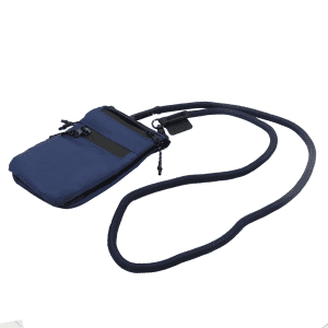 A navy blue ripstop water-resistant pouch with a adjustable strap and zip closure, featuring a logo.