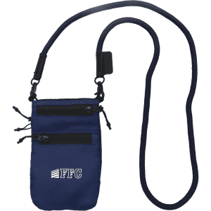 A navy blue ripstop water-resistant pouch with a shoulder strap, featuring zippers and a logo.