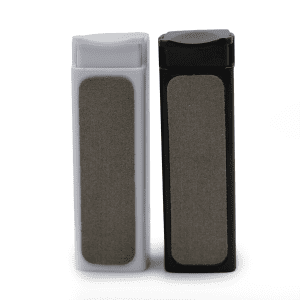 Two rectangular screen cleaning devices, one white and one black, each with a grey cleaning surface and a logo.