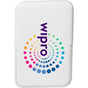 A white wireless charging power bank with a colourful circular logo and a smooth finish.