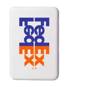 A white wireless charging powerbank featuring a logo in purple and orange.