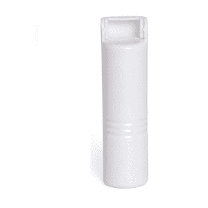 A white lint remover with a cylindrical shape and an integrated roller mechanism. The product has a logo on its surface.
