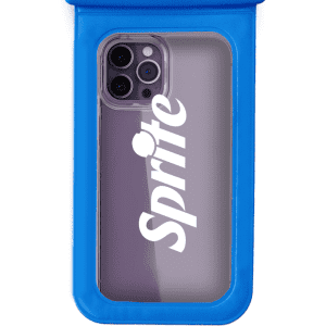 A waterproof phone pouch in bright blue, featuring a clear front and a logo on the visible phone case.