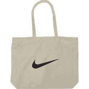 A cream tote bag with a black logo, featuring two handles for easy carrying.